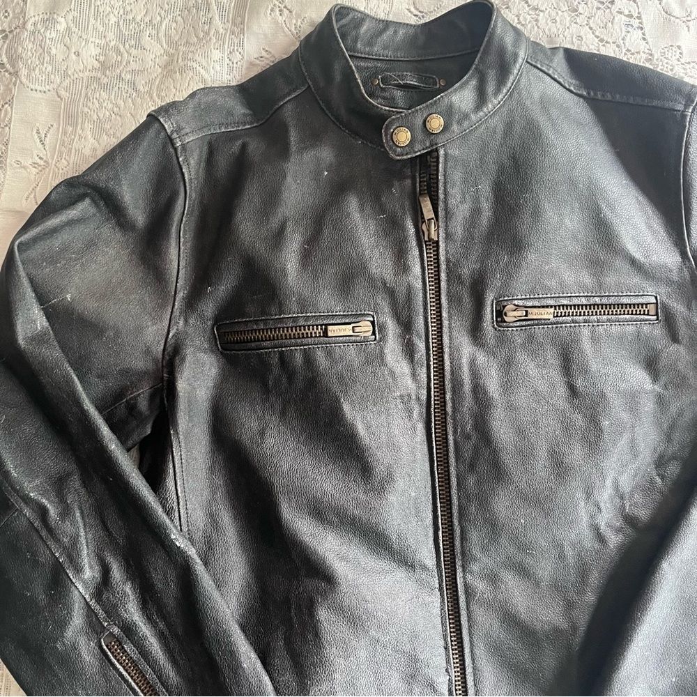 Wilson’s Leather Motorcycle Jacket Faded Black Distressed Full Zip Moto Large - Picture 2 of 12